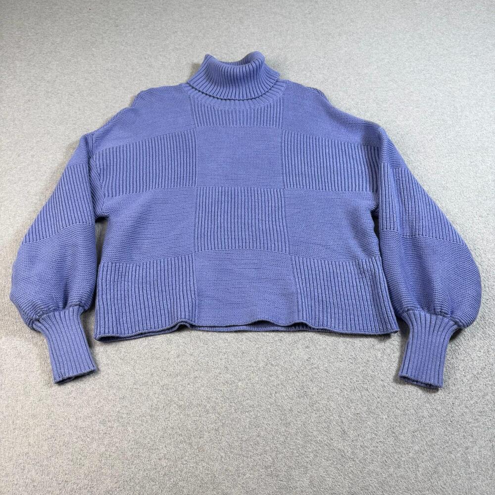 STAUD Sweater Women Medium Blue Turtleneck Check Ribbed Knit Boxy Stretchy Boho
